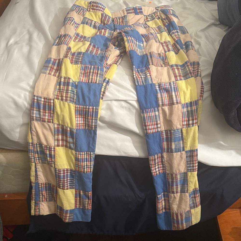 Patchwork Plaid Men's Casual Pants - Blue, Yellow, Cream